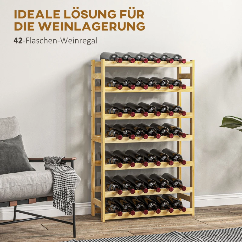 HOMCOM Wijnrek, 7 niveaus, voor 42 flessen, kantelbeveiliging, grenenhout, 63x25x102cm, naturel