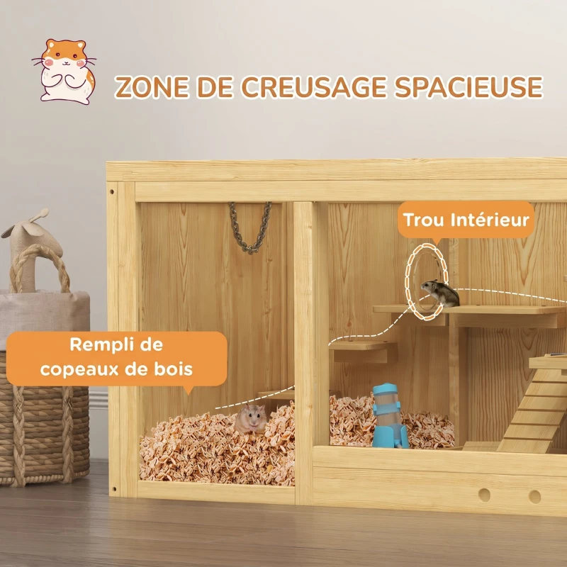 PawHut Cage Hamster Habitat pour Rongeurs Souris Plusieurs Niveaux Plateformes Échelle Balançoires 100 x 50 x 50 cm Naturel