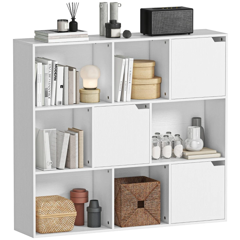 HOMCOM Bibliotecă modulară cu 6 secțiuni deschise și 3 închise, din lemn alb, 106x24x95 cm