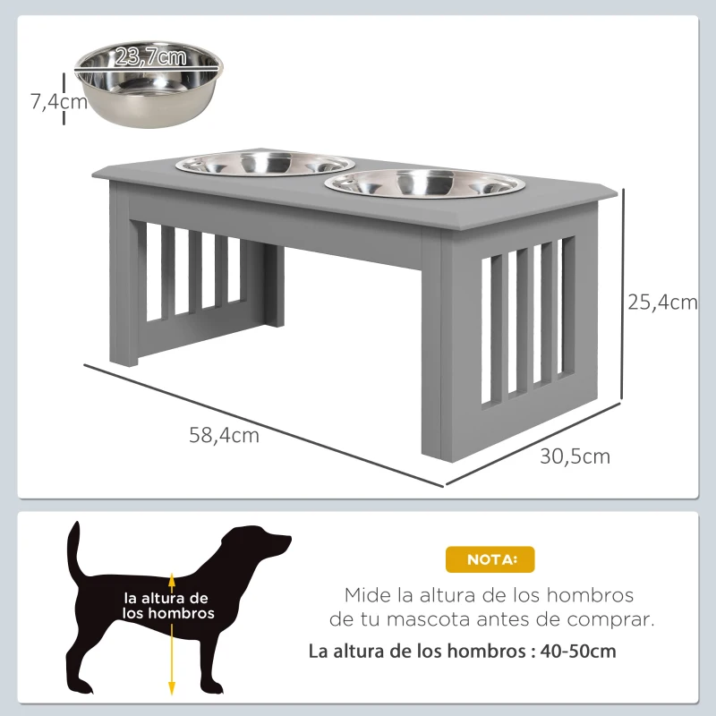 PawHut Comedero Elevado para Perros con 2 Cuencos Extraíbles de Acero Inoxidable 58,4x30,5x25,4 cm Gris