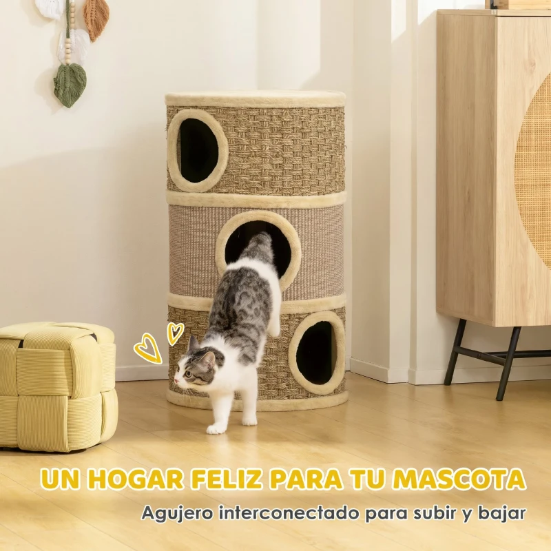 PawHut Barril Rascador para Gatos de 3 Niveles Altura 79 cm Tonel de Escalada con Cama Cubierto de Sisal Caqui y Café