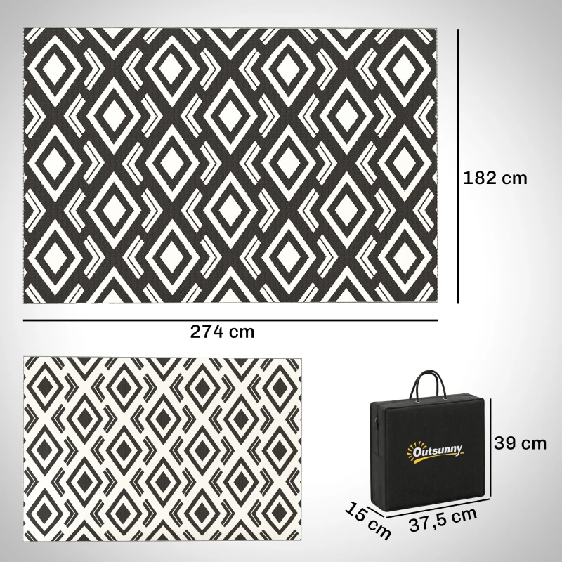 Outsunny Outdoor Teppich robuster Wetterfest Outdoorteppich mit Tragtasche, faltbar Carpet Boho-Style 182 x 274 cm Schwarz+Weiß