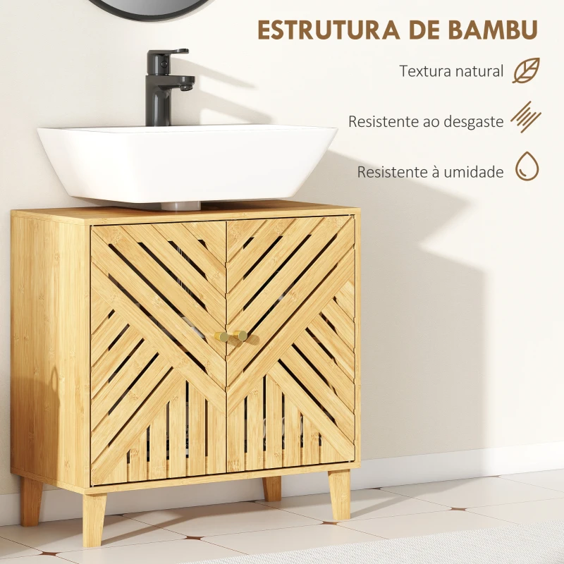 HOMCOM Móvel para Lavatório Pousar em Bambu com Portas Ripadas Armário de Casa de Banho para Lavatório sem Pedestal 60x30x60 cm Madeira