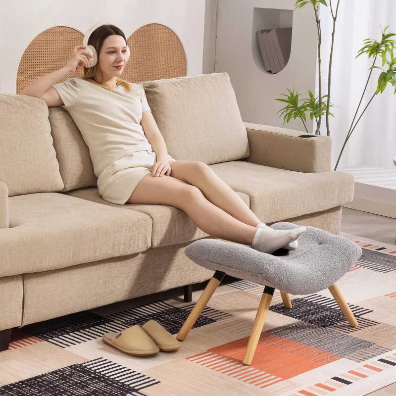 HOMCOM Moderne voetensteun met fleece bekleding en houten poten, gepolstert, voor woonkamer, slaapkamer, hal, Lichtgrijs