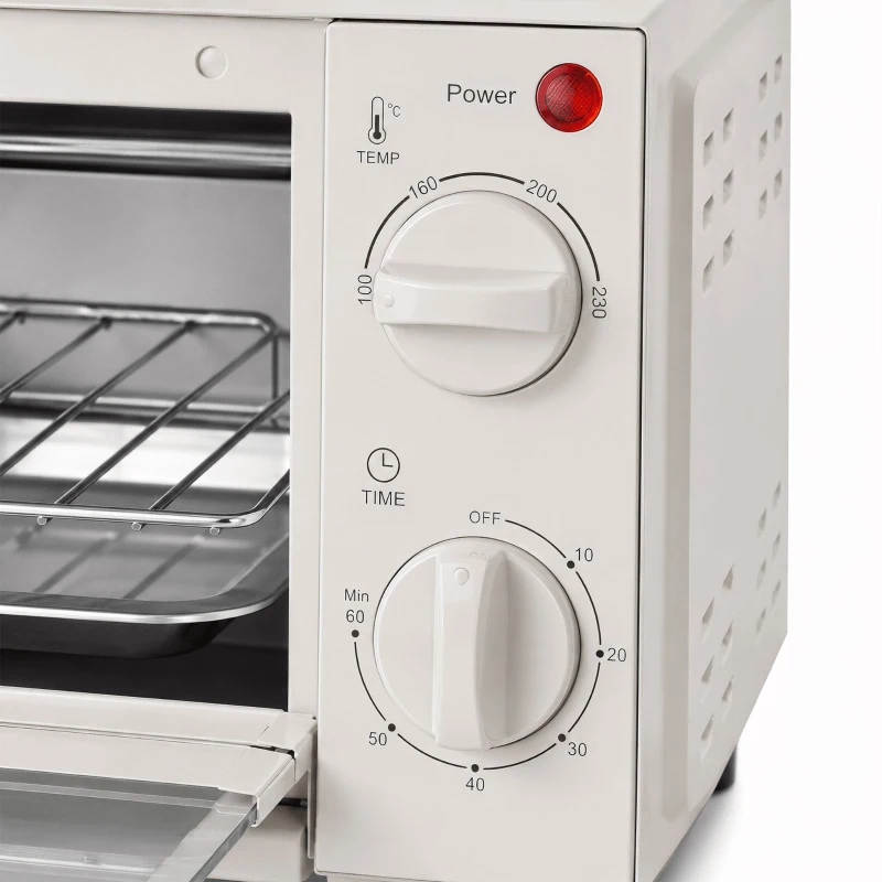 HOMCOM Mini-oven, 9 L mini-oven met bakplaat, grillrooster, met instelbare temperatuur en baktijd, roestvrij staal, cremewit