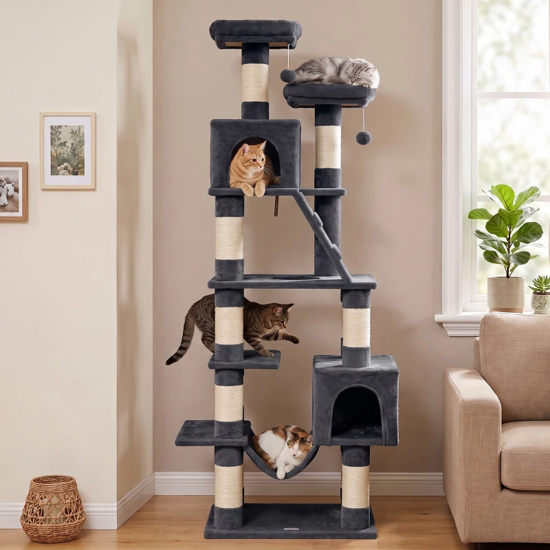 PawHut Árbol Rascador para Gatos 204 cm Multinivel con 2 Cuevas Hamaca 2 Camas Postes de Sisal Escalera 2 Bolas Gris Oscuro