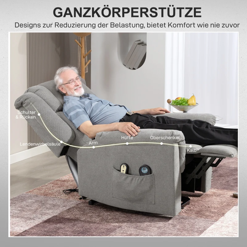 HOMCOM Powerlift-stoel, Massagestoel met Verwarmingsfunctie, Polsterstoel met Voetsteun, Zijvak, Stofbekleding, Donkergrijs
