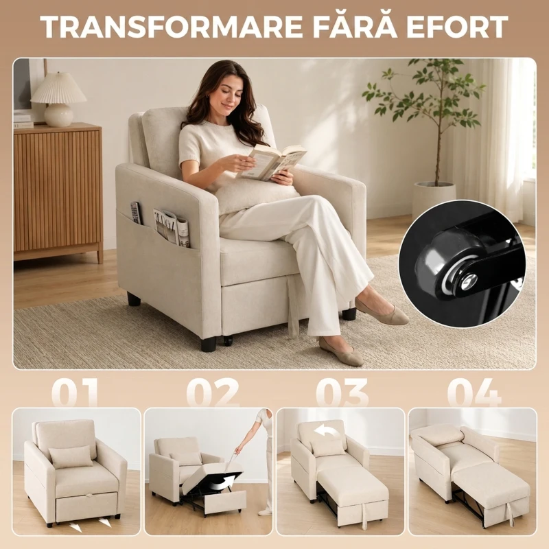 HOMCOM Fotoliu Extensibil 3 în 1 Pliabil cu Spătar Reglabil, Material cu Aspect de In, 78 x 94,5 x 83 cm, Alb Crem