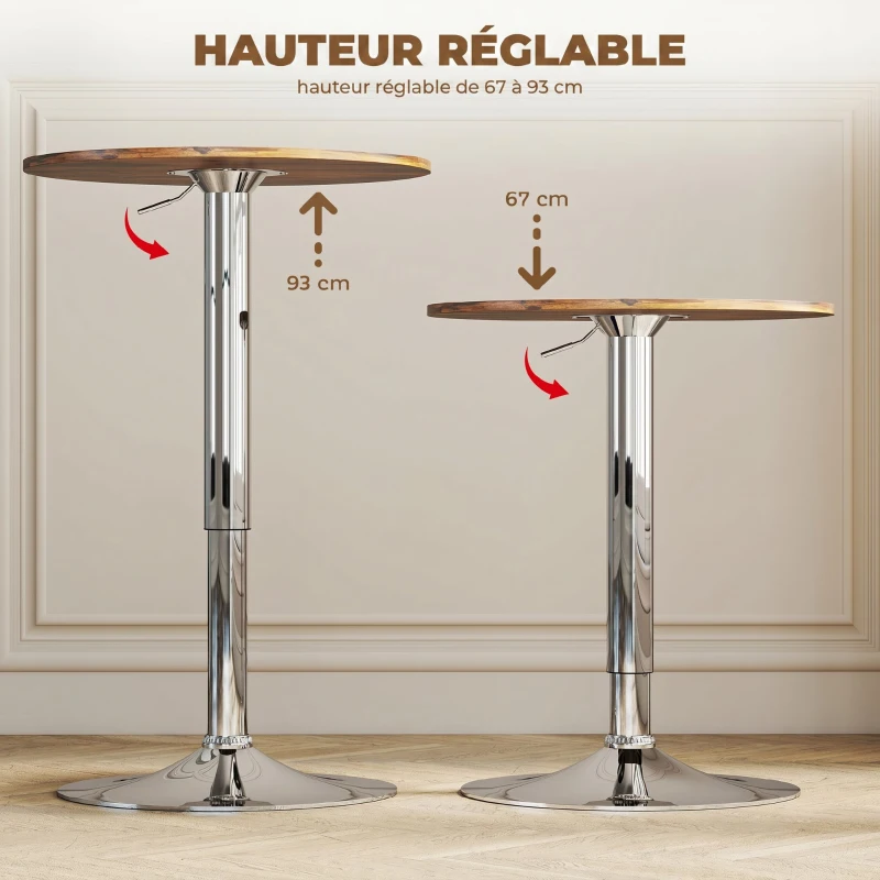 HOMCOM Table de Bar Table Bistro Mange-debout Hauteur réglable 67-93 cm Plateau pivotant 360° marron