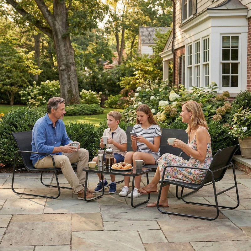Outsunny Conjunto Jardín Exterior de 4 Piezas con Sofá de 2 Plazas 2 Sillones Mesa de Vidrio Templado Tela Textilene Gris Oscuro