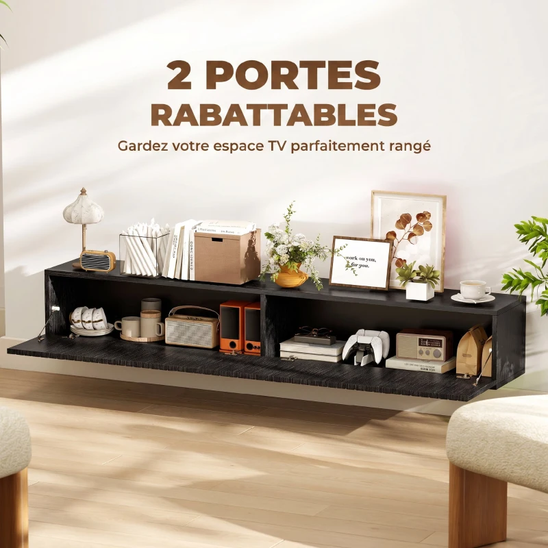 HOMCOM Meuble TV suspendu 140cm, meuble télé pour téléviseur 72 pouces, 2 portes rabattables, 140x25x22cm, noir