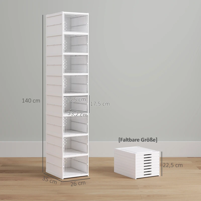 HOMCOM 8-Laags Schoenenrek, Schoenenkast, Opvouwbaar, Geventileerde Achterkant, Kunststof, Wit(m-3)