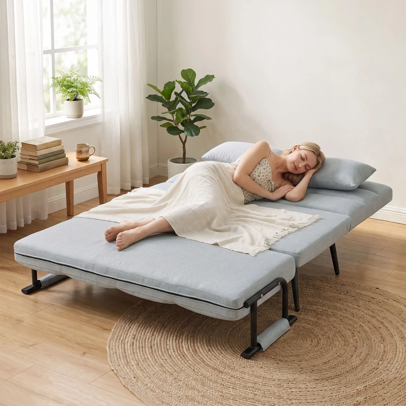 HOMCOM Sofá-cama de 2 Lugares 3 em 1 em Tecido Efeito Linho com Encosto Ajustável Click-Clack, Cinzento-claro