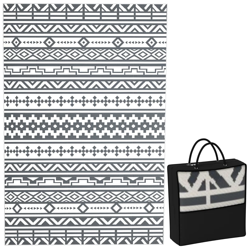 Outsunny Covor de Exterior Reversibil cu Model Geometric și Geantă Inclusă, 182x274 cm, Gri și Alb