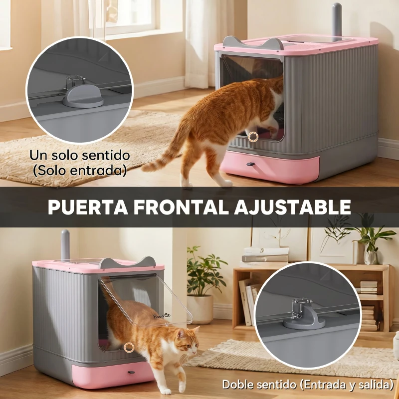 PawHut Arenero para Gatos Cubierto M con Tapa Abatible Salida Superior Pala Bolsas Desodorantes Fácil de Limpiar Rosa