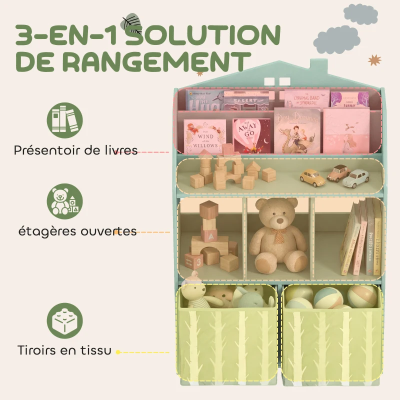 AIYAPLAY Meuble rangement enfant, bibliothèque enfants avec étagères ouvertes et 2 tiroirs en tissu, MDF, vert