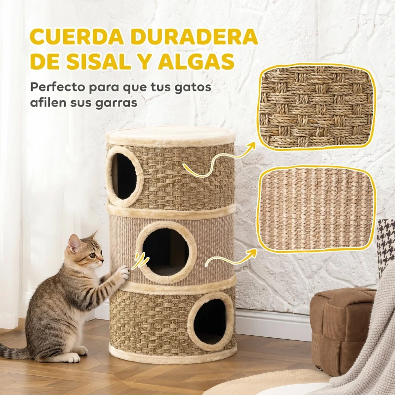 PawHut Barril Rascador para Gatos de 3 Niveles Altura 79 cm Tonel de Escalada con Cama Cubierto de Sisal Caqui y Café