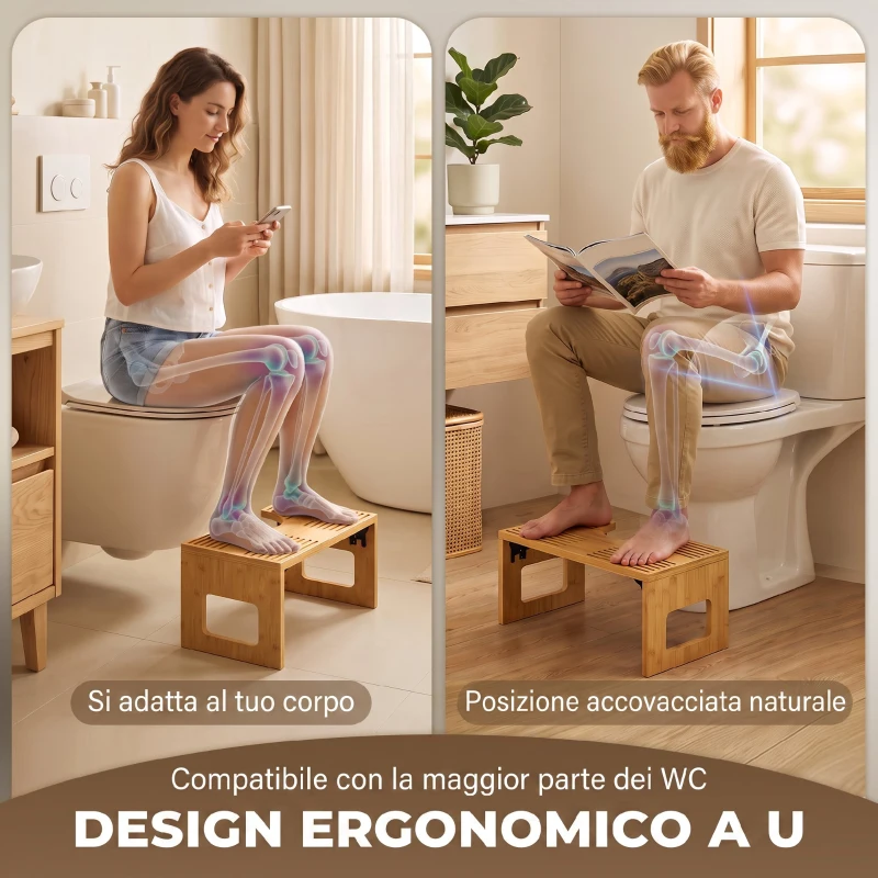 HOMCOM Sgabello da Toilette Pieghevole in Bambù, Sgabello Poggiapiedi per WC con Piedini Antiscivolo, per Bagno, Rovere