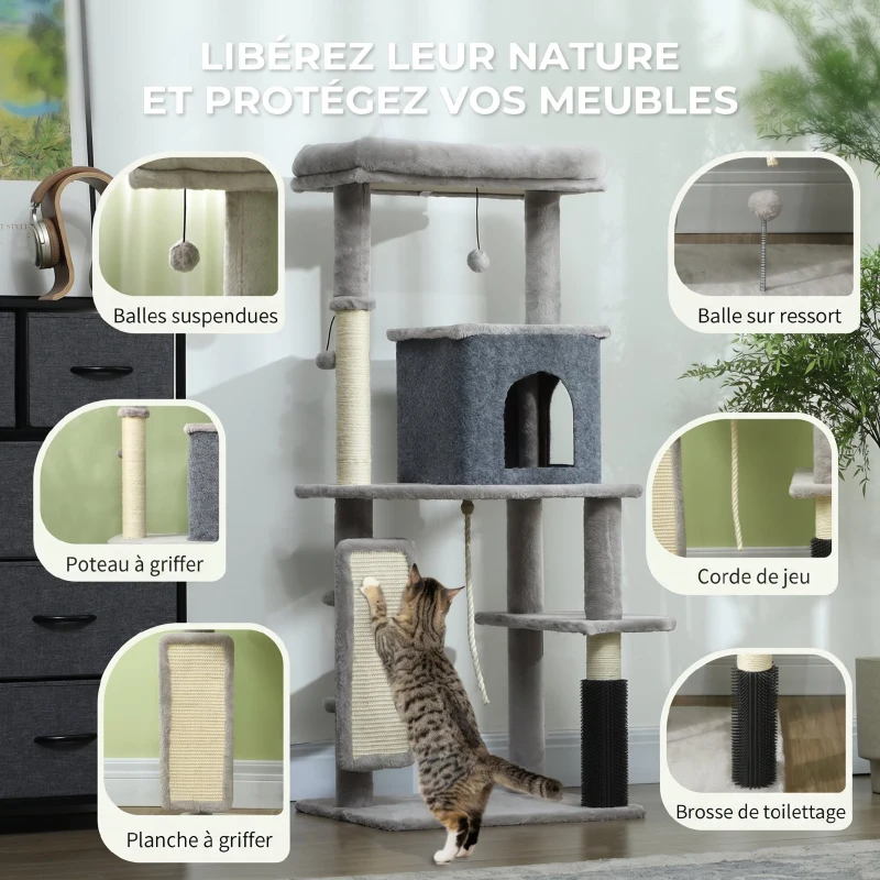 PawHut Arbre à Chat Tour de Jeux pour Chats Centre d'Activités avec Poteaux à Griffer en Sisal Niche Hauteur 132 cm Gris