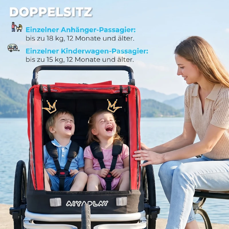 AIYAPLAY Fahrradanhänger für Kinder, 2-Sitzer, 2-in-1 faltbarer Kinderfahrradanhänger mit verstellbarem Sitz und Gurten, Rot