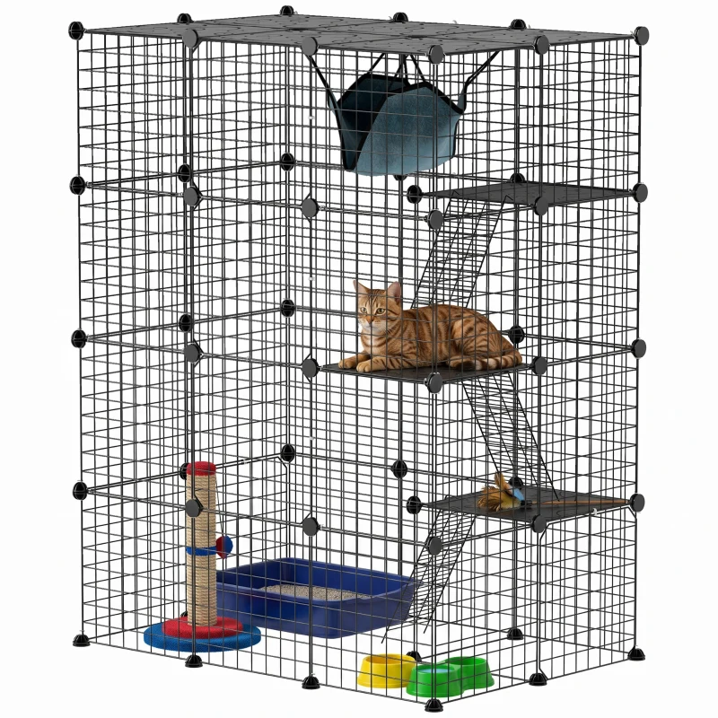 PawHut Cage pour chat d'intérieur parc pour chat en acier à 4 niveaux DIY avec 5 portes hamac 1-3 chats 105 x 70 x 140 cm noir