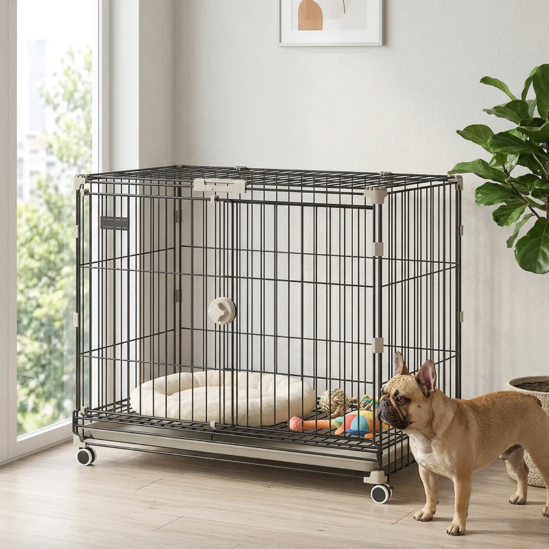 PawHut Cage pour Chien, Plateau Amovible, Roues avec Freins, Toit Ouvrant Verrouillable, 75,5x46x64,5cm, Noir