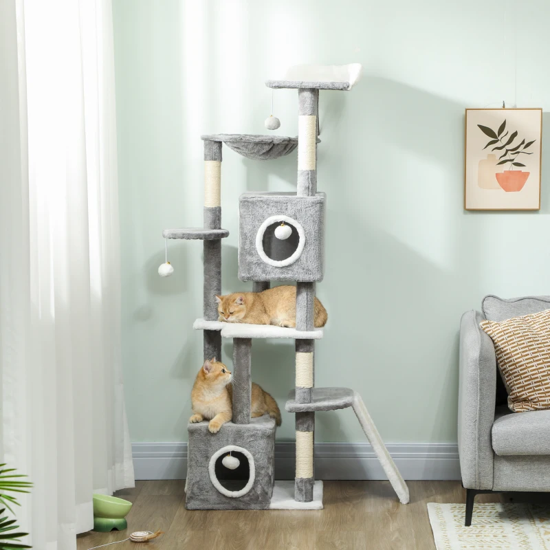 PawHut Albero Tiragraffi per Gatti con 2 Casette, Rampa, Trespoli e 4 Palline, 48x40x165 cm, Grigio e Bianco