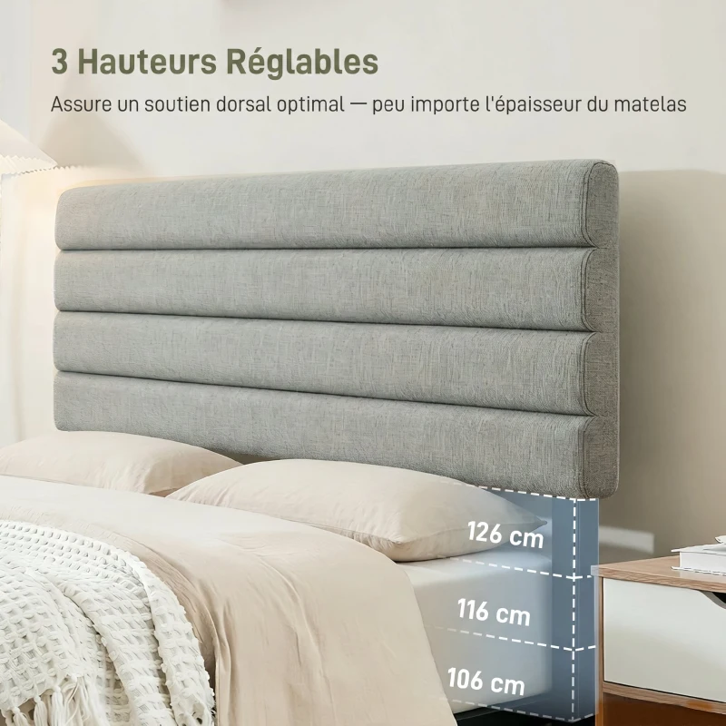 HOMCOM Tête de Lit Capitonnée, Hauteur Ajustable en 3 Niveaux avec Pieds en Métal pour Chambre, 140 x 10 x 106/116/126 cm, Gris