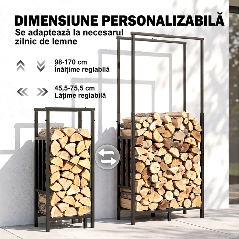 Outsunny Suport pentru Lemne de Interior și Exterior, Reglabil, cu Bază Înălțată, din Oțel, Negru