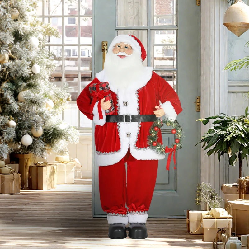 HOMCOM Kerstman, Kerstdecoratie, 120 cm, buigbare armen, met cadeau & kerstkrans, geluidsactivatie, Rood