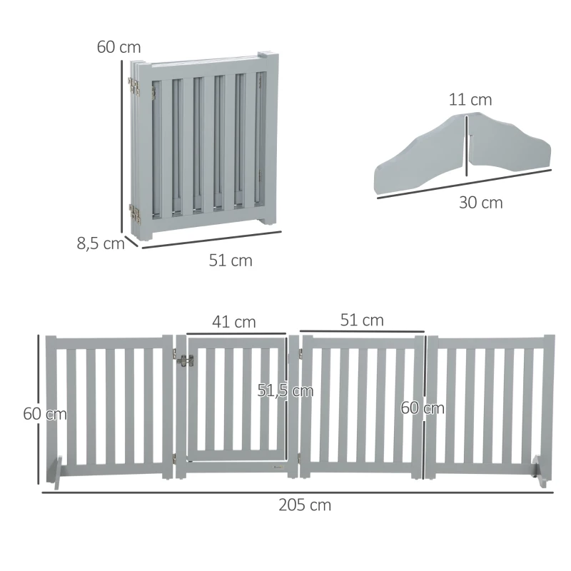PawHut Barrière de Sécurité Chien Pliable Double Face en Bois, 4 Panneaux avec Porte, Pieds de Support, 205 x 60 cm, Gris