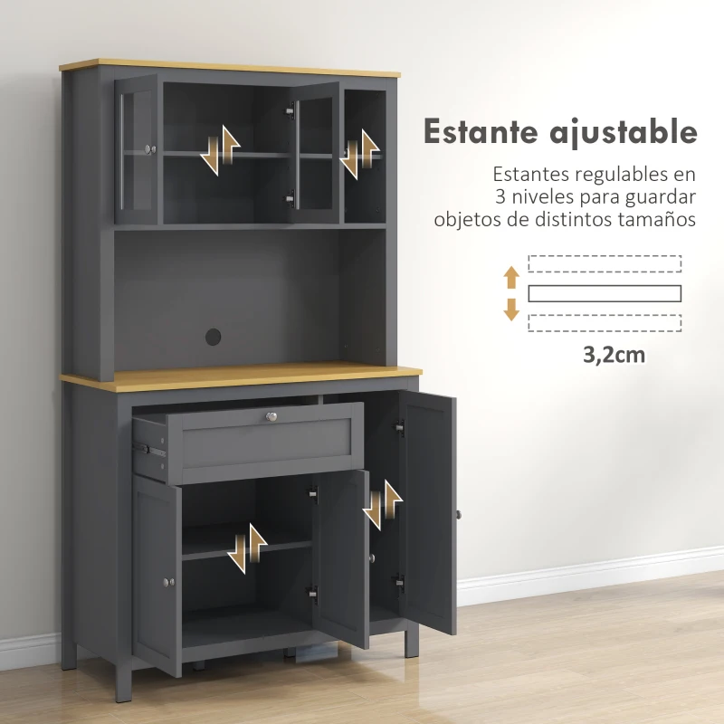 HOMCOM Alacena de Cocina Mueble Auxiliar de Cocina con 5 Puertas Estante Ajustable y Encimera de Microondas 100x40x180cm Gris