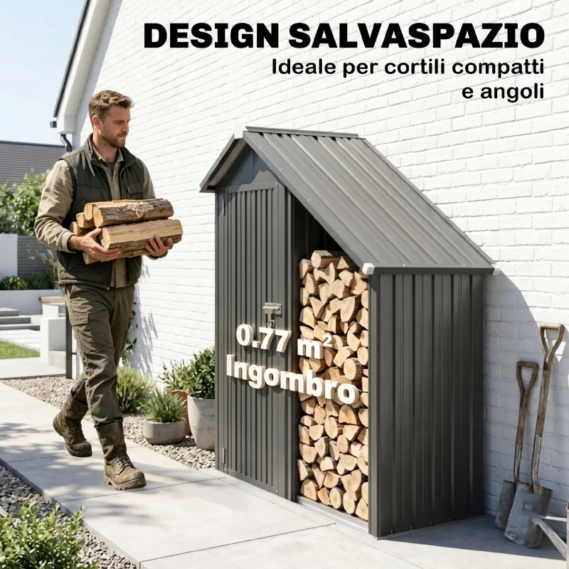 Outsunny Portalegna da Esterno con Armadietto Porta Attrezzi in Acciaio, 150x66x162 cm, Grigio Scuro