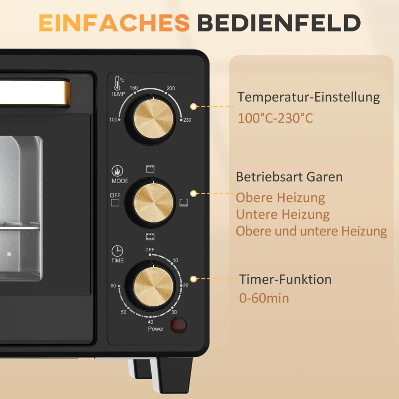 HOMCOM Mini-Oven, Toasteroven met Timer, Rooster, Bakplaat, Glazen Venster, Metaal, Zwart