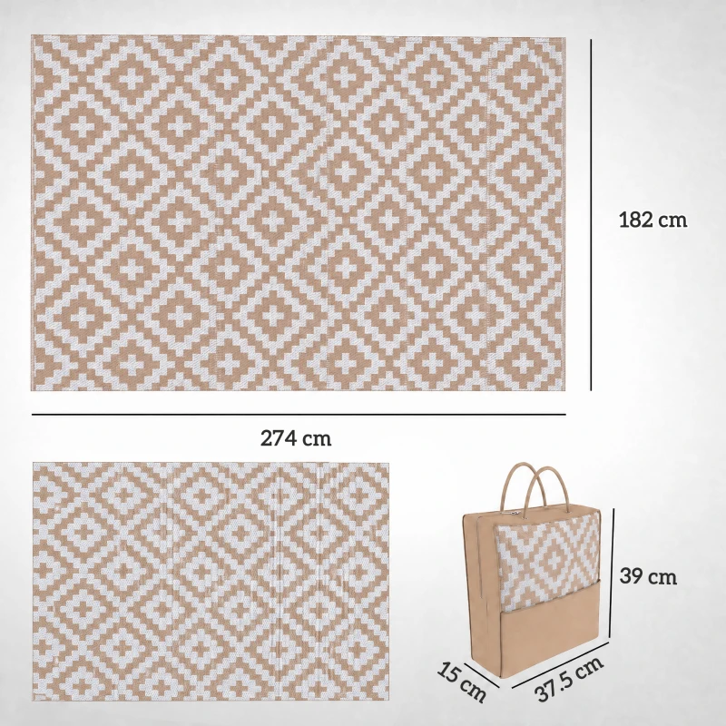 Outsunny Covor Exterior pentru Balcon și Terasă Reversibil cu Model Geometric, 2.74x1.82 m, Cafea și Alb