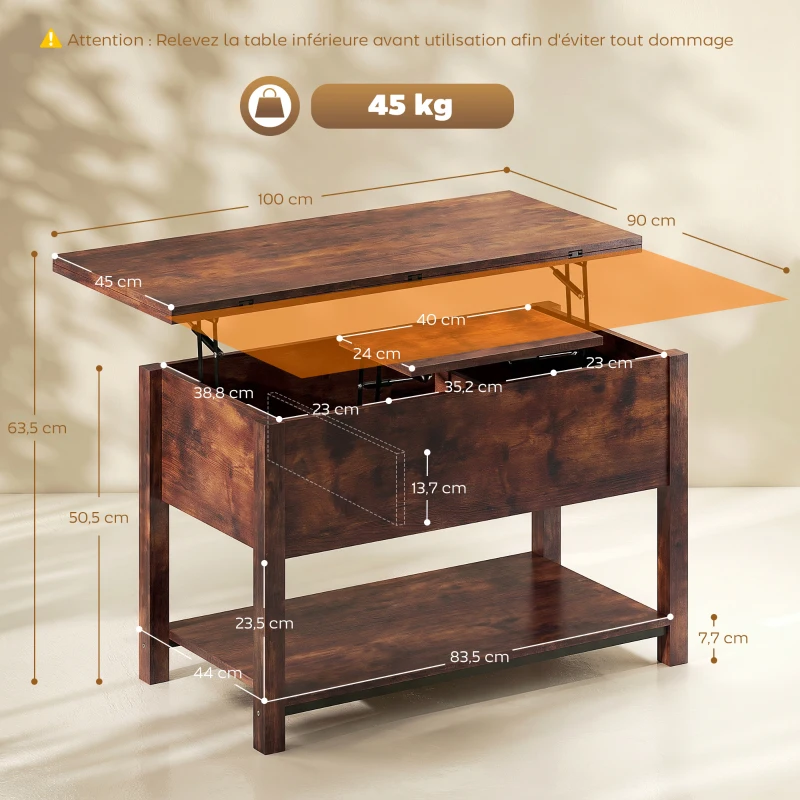 HOMCOM Table basse relevable et extensible table de salon avec compartiment caché étagère ouverte 100x45x50,5cm brun rustique(m-3)