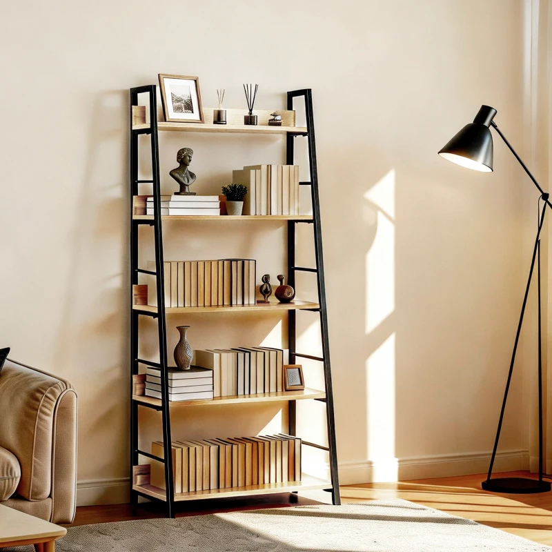 HOMCOM Estantería Librería de 5 Niveles Estantería de Salón Estantería para Libros con Marco de Metal 70x35x149,5 cm Natural