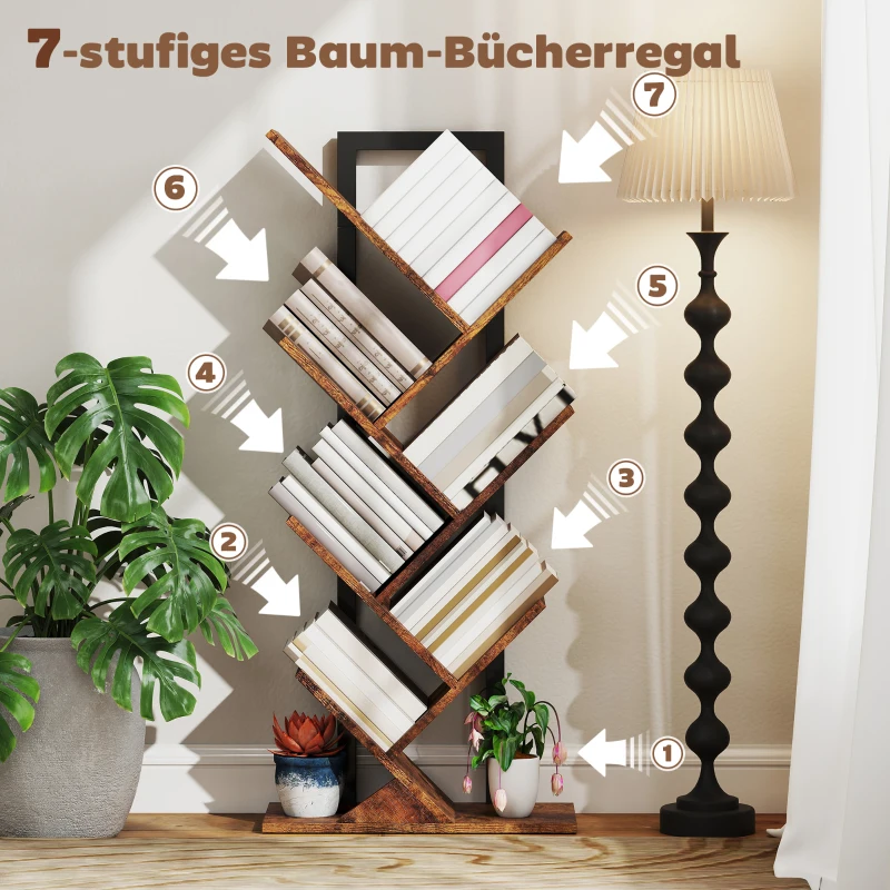 HOMCOM Boekenrek Standrek met 7 Niveaus Smal Rek in Boomvorm voor Kantoor, Rustiek Bruin(m-4)