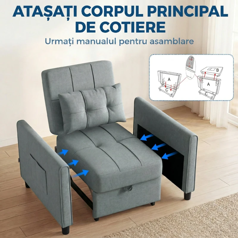 HOMCOM Canapea Extensibilă cu Spătar Reglabil, Gri Deschis