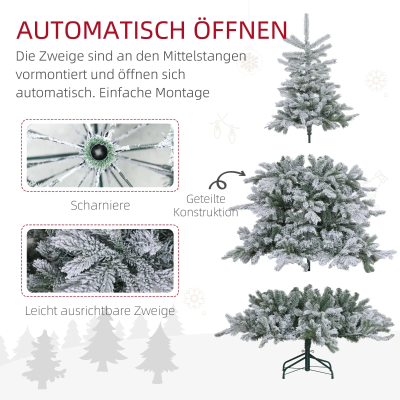 HOMCOM Kunstkerstboom 180 cm met sneeuw, 1321 takken, kerstdecoratie inclusief metalen standaard voor binnen