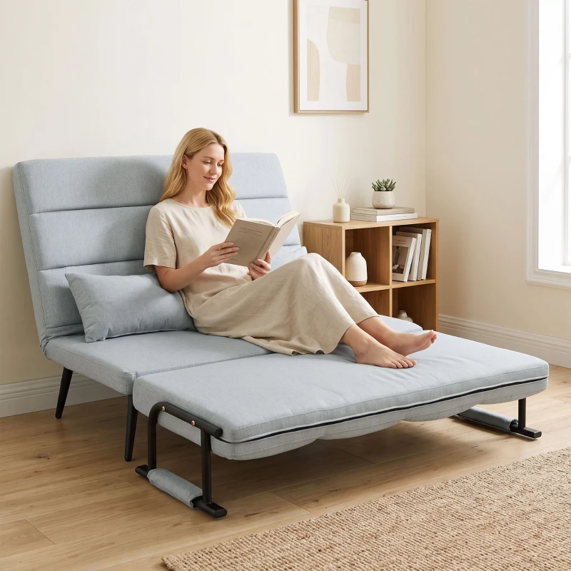 HOMCOM Sofá-cama de 2 Lugares 3 em 1 em Tecido Efeito Linho com Encosto Ajustável Click-Clack, Cinzento-claro