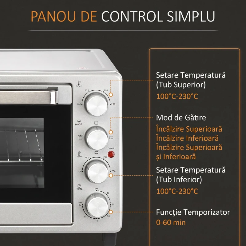 HOMCOM Mini Cuptor Electric 32L – Temperatură Reglabilă, Cronometru, 3 Moduri de Gătit