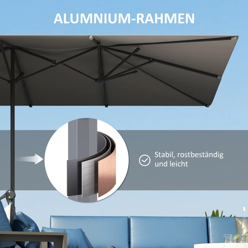 Outsunny Dubbelzijdige parasol, 451 x 264 cm parasol met kruksysteem, 12 metalen baleinen, aluminium mast, donkergrijs