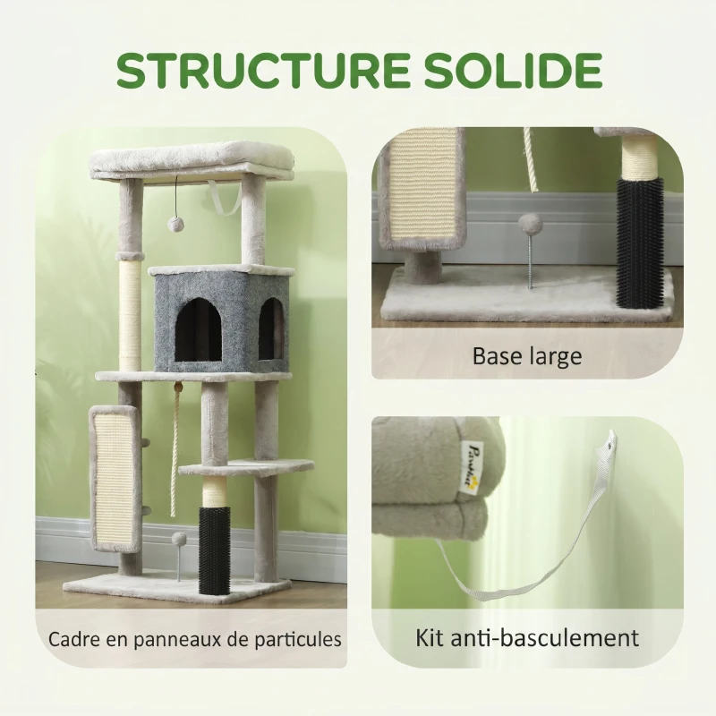 PawHut Arbre à Chat Tour de Jeux pour Chats Centre d'Activités avec Poteaux à Griffer en Sisal Niche Hauteur 132 cm Gris
