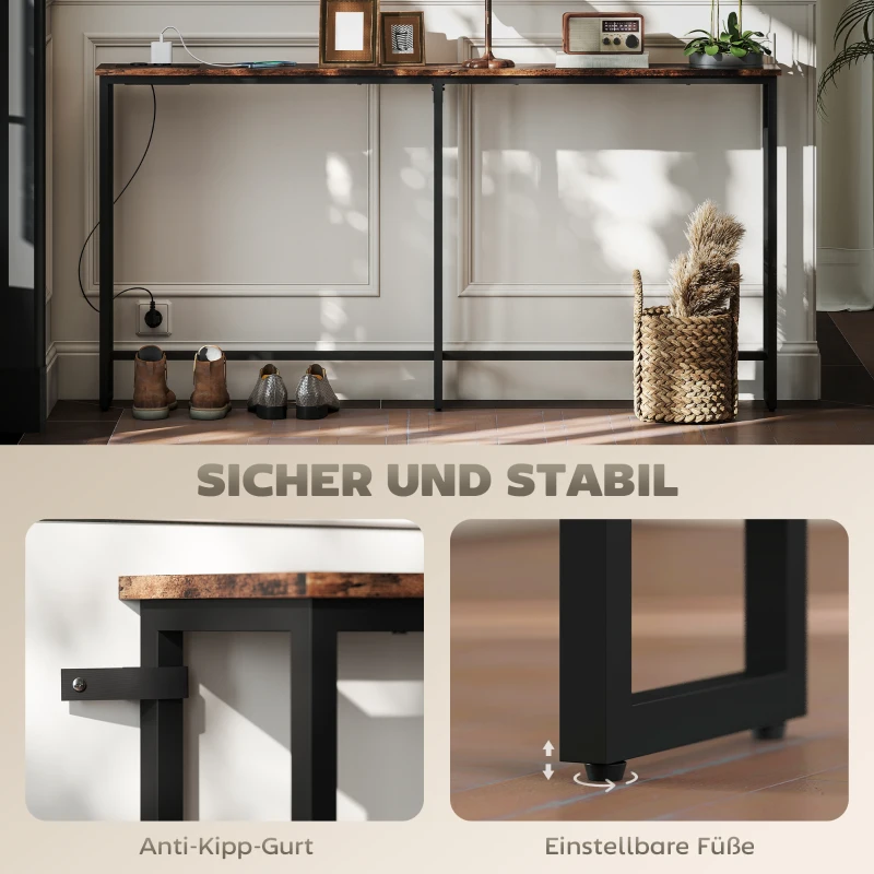 HOMCOM Smalle Consoletafel met Oplaadstation, Industriële Stijl, Stalen Frame, Bruin(m-5)