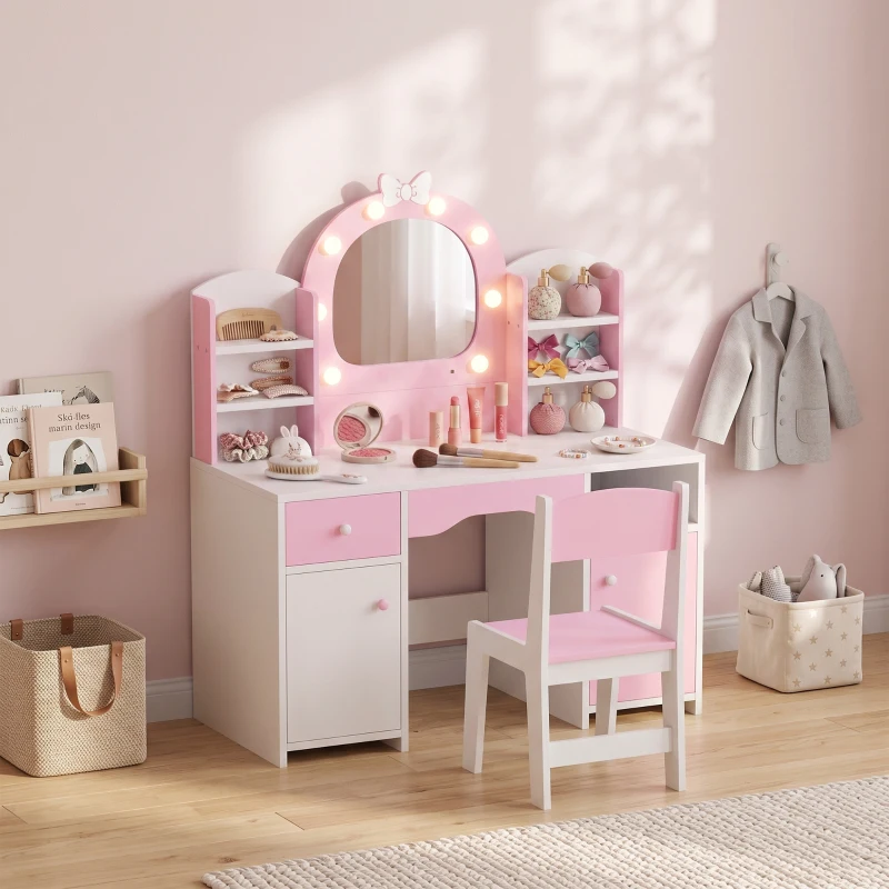 AIYAPLAY Coiffeuse pour Enfants avec Tabouret et Miroir Lumineux à 2 Couleurs en Acrylique, pour 3-8 Ans, 90 x 41 x 104 cm, Rose