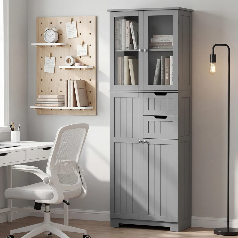HOMCOM Meuble de salle de bain haut, meuble de rangement avec 4 portes dont 2 vitrées, 2 tiroirs et étagères réglables, gris