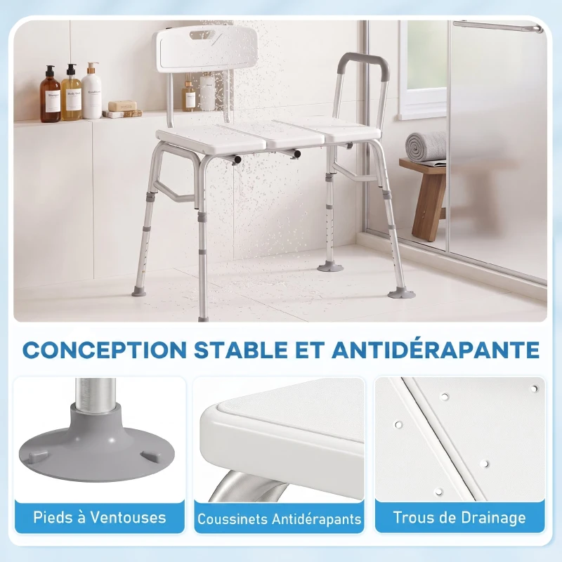 HOMCOM Banc de Transfert Baignoire, Hauteur Réglable à 10 Niveaux, Large Assise, Dossier, Accoudoir, 86x60x89-101cm, Blanc