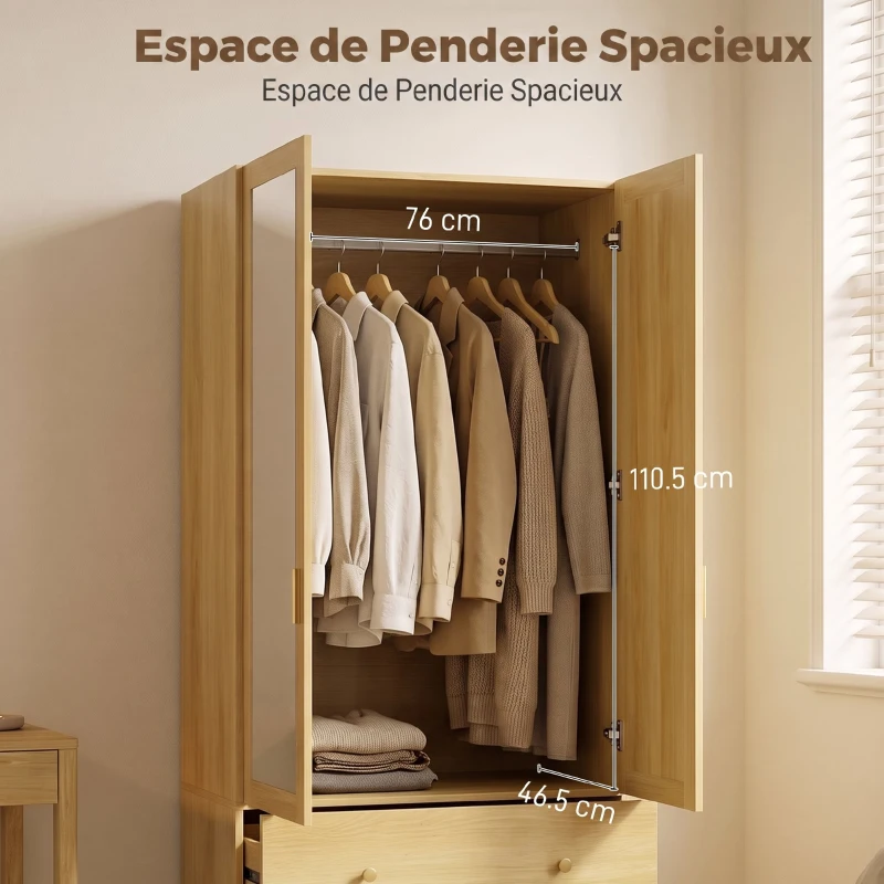 HOMCOM Armoire chambre penderie avec miroir, 2 portes, 2 tiroirs et barre de suspension, 80 x 50 x 180 cm, chêne