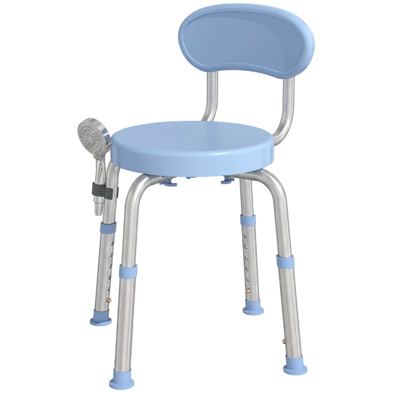 HOMCOM Cadeira de Duche Giratória 360° para Idosos com Encosto Antiderrapante e Altura Regulável em Alumínio Azul Claro